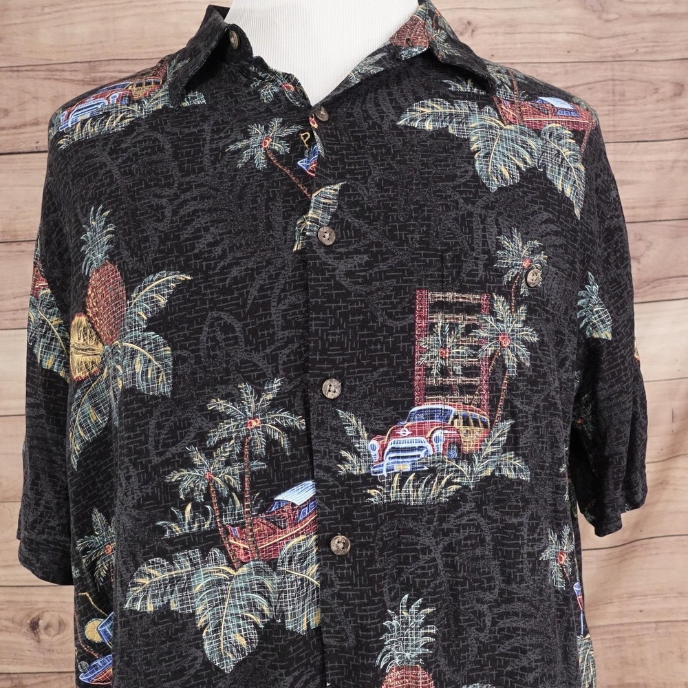 Batik Bay Shirt Mens 2XL Black Hawaiian Short Sleeve Button-Up Floral Rayon